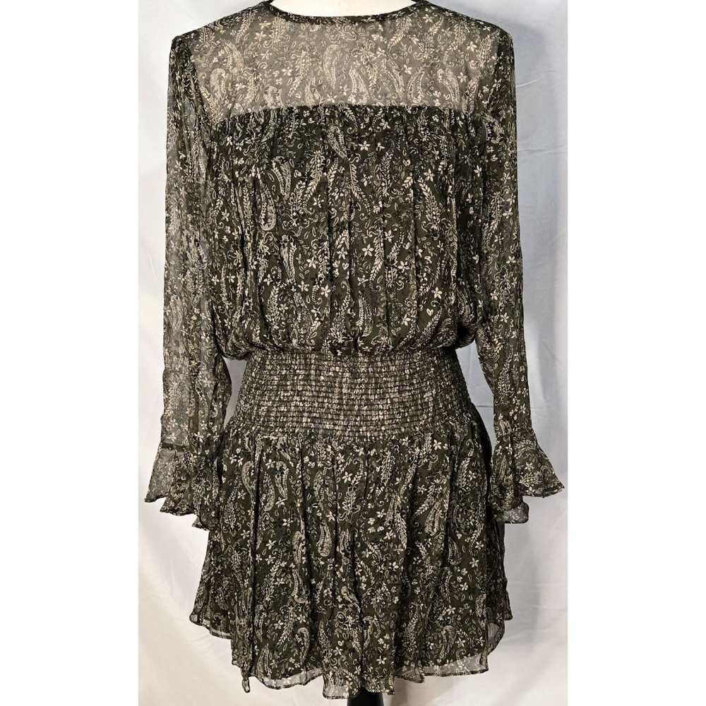 Shoshanna Silk Dress A Line Ruffle Ruched Green Floral Boho Long Sleeve Sheer